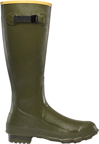 Green rubber boot with a yellow top on a white background